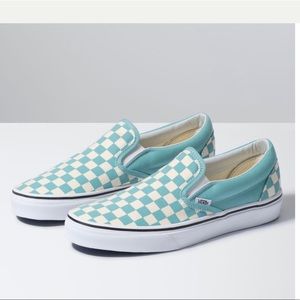 teal checkered slip on vans